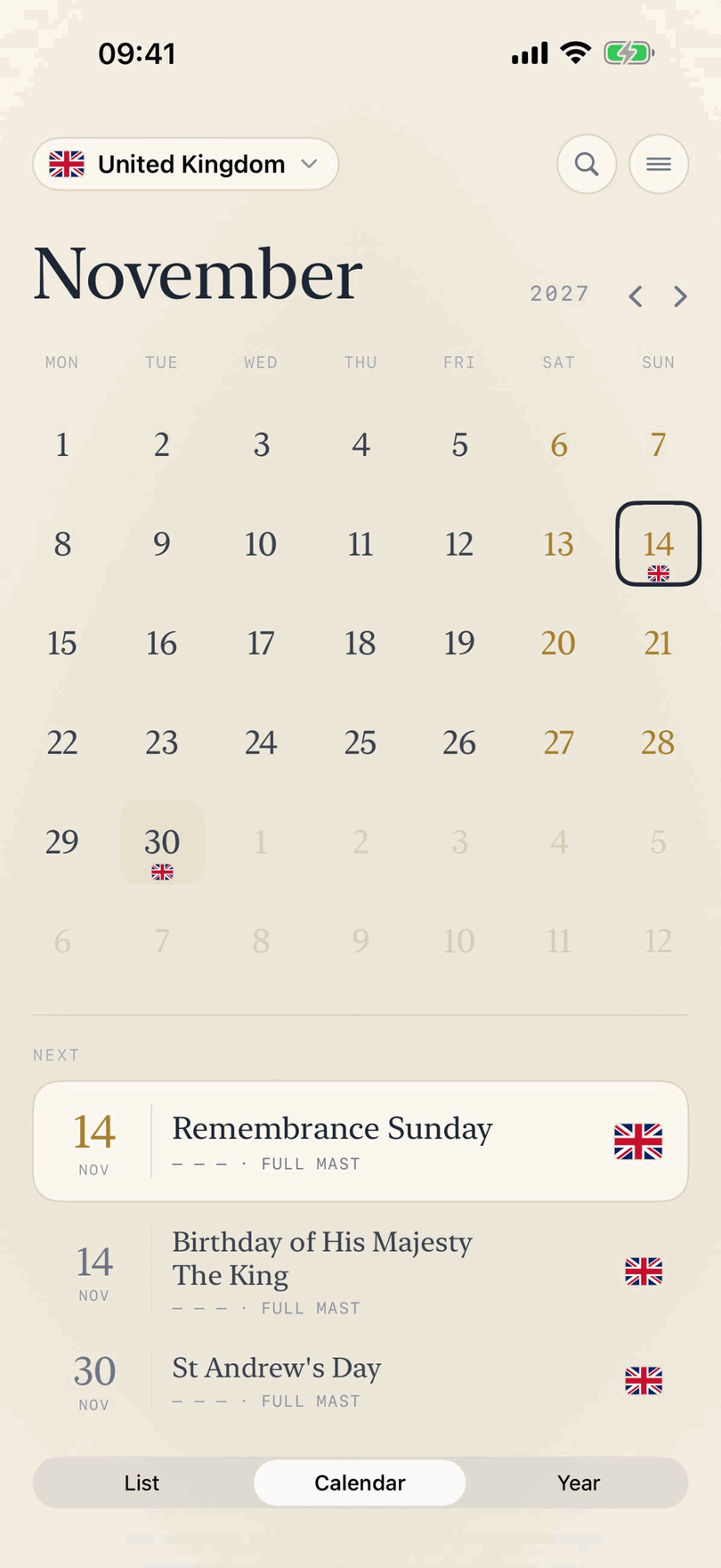 The month view for November 2027, with flag days marked and the next ones listed underneath.