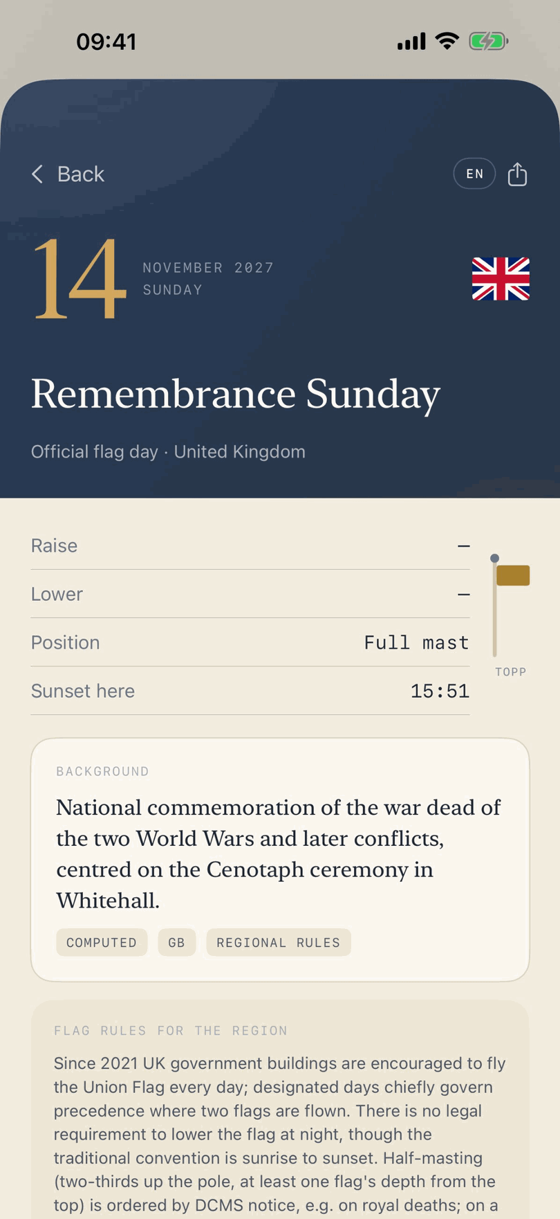 The detail view for Remembrance Sunday, with raise and lower times, the mast position, local sunset, the background to the day and the United Kingdom flag rules.