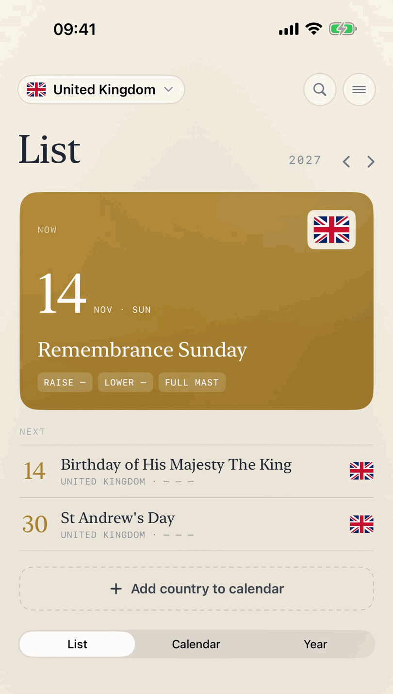 Flag Calendar on an iPhone, showing Remembrance Sunday as the next United Kingdom flag day with its raise, lower and full mast reading.