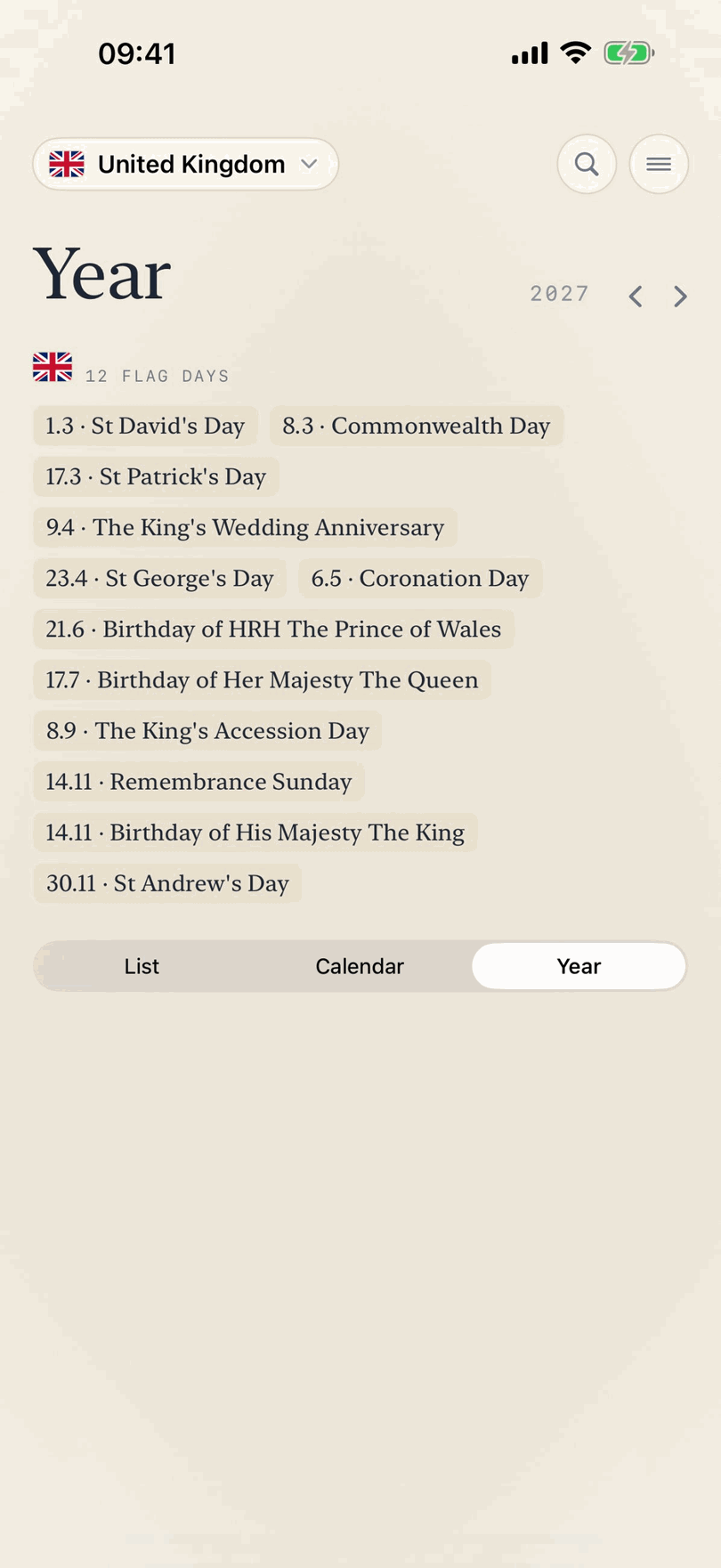 The year view listing all twelve United Kingdom flag days for 2027.