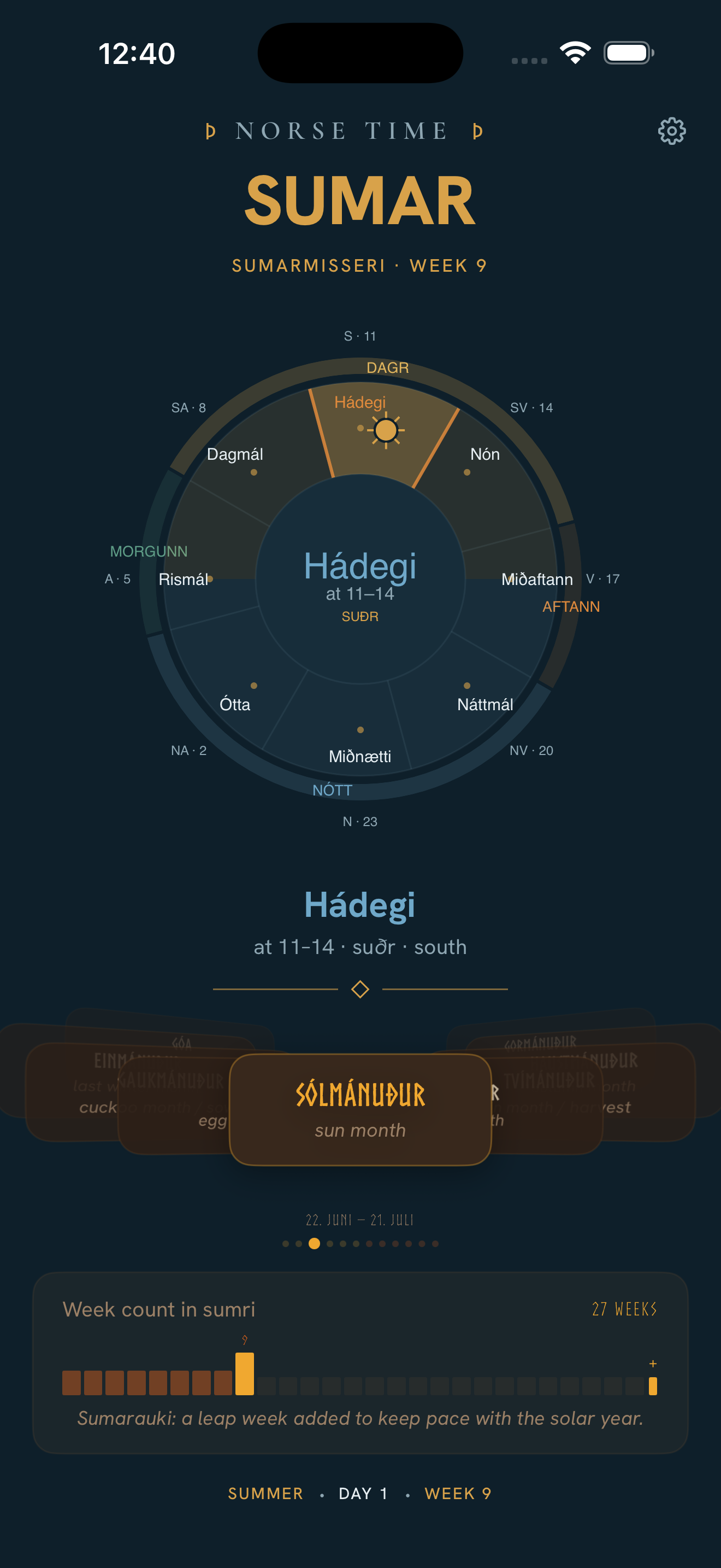 Rimtal in dark mode showing the day-mark wheel