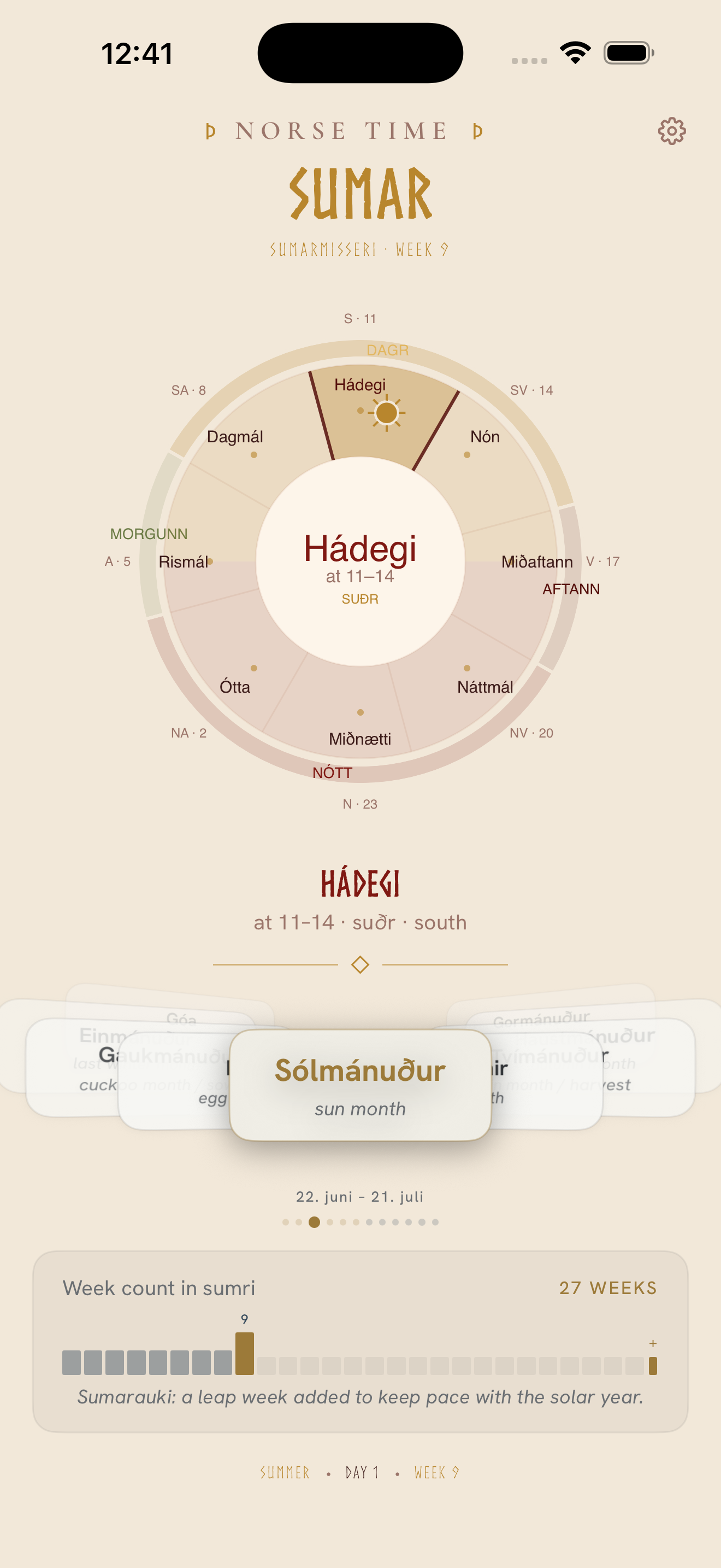 Rimtal home screen with the day-mark wheel