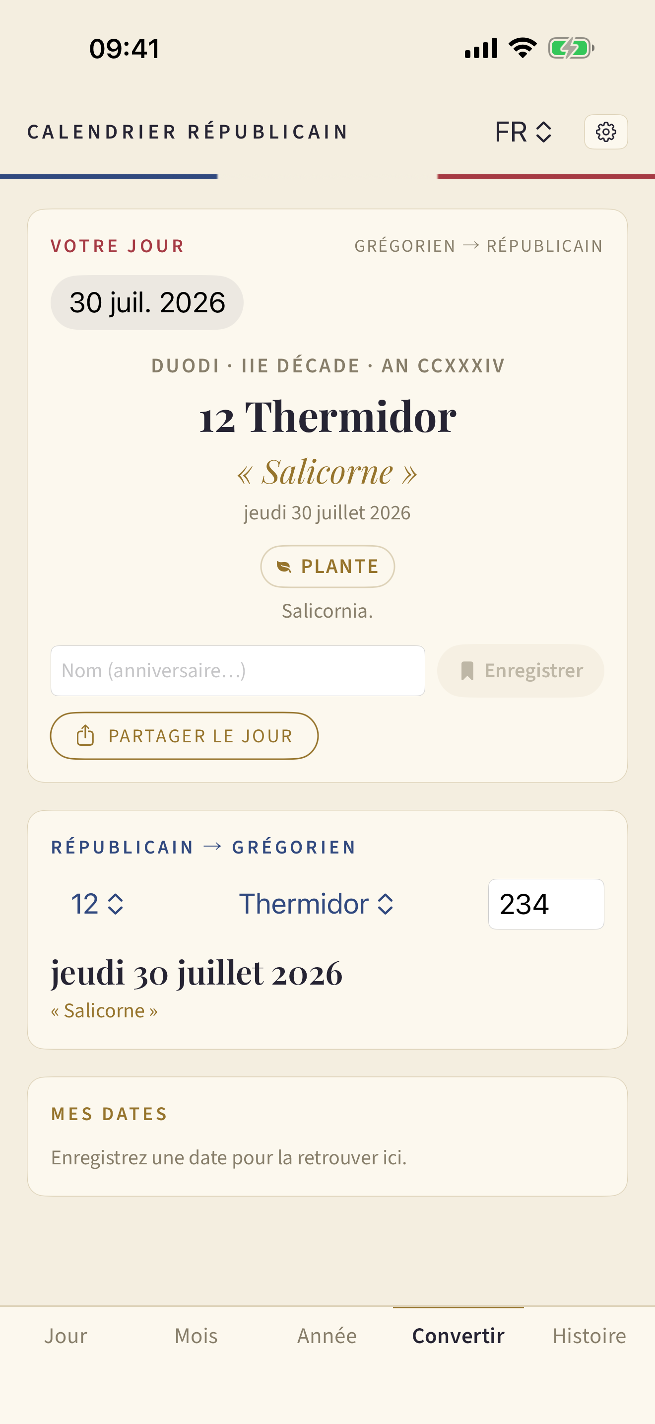 The two-way Gregorian and Republican date converter in Vendémiaire.