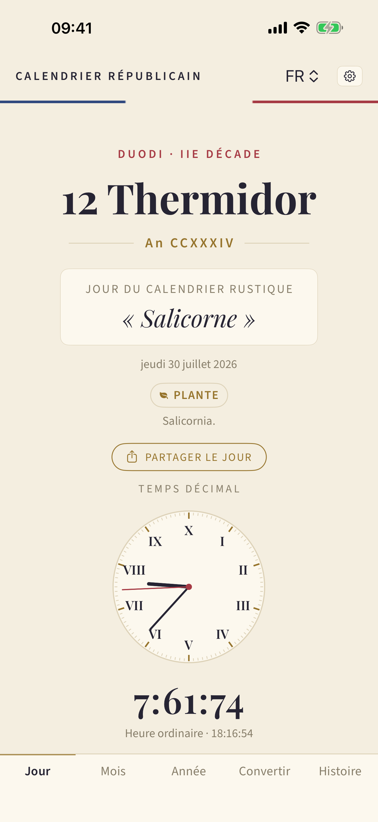 Vendémiaire showing 12 Thermidor, An CCXXXIV, the rustic day «Salicorne», and a live decimal clock.