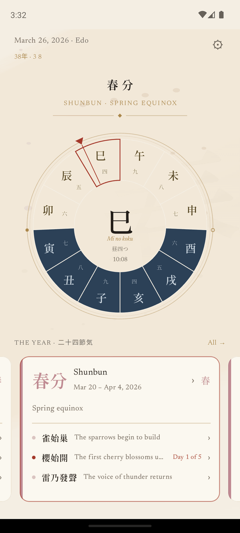 The Wadokei dial on a phone, showing Shunbun, the spring equinox, with the twelve toki around the ring and the current toki marked.