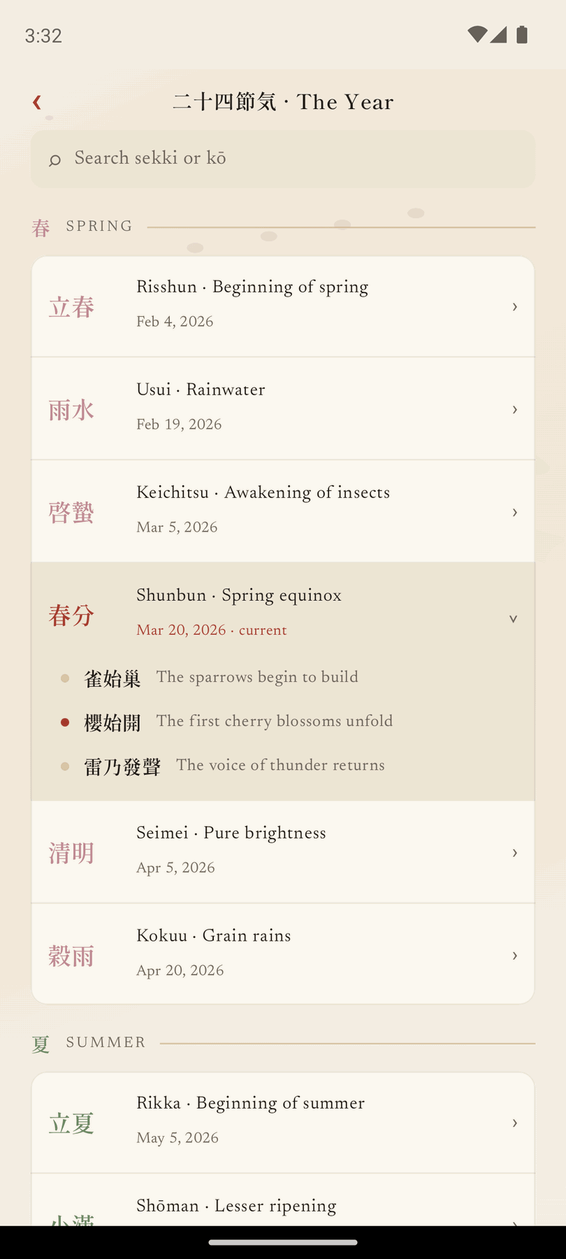 The year view of the traditional Japanese calendar, showing the sekki and kō in order.